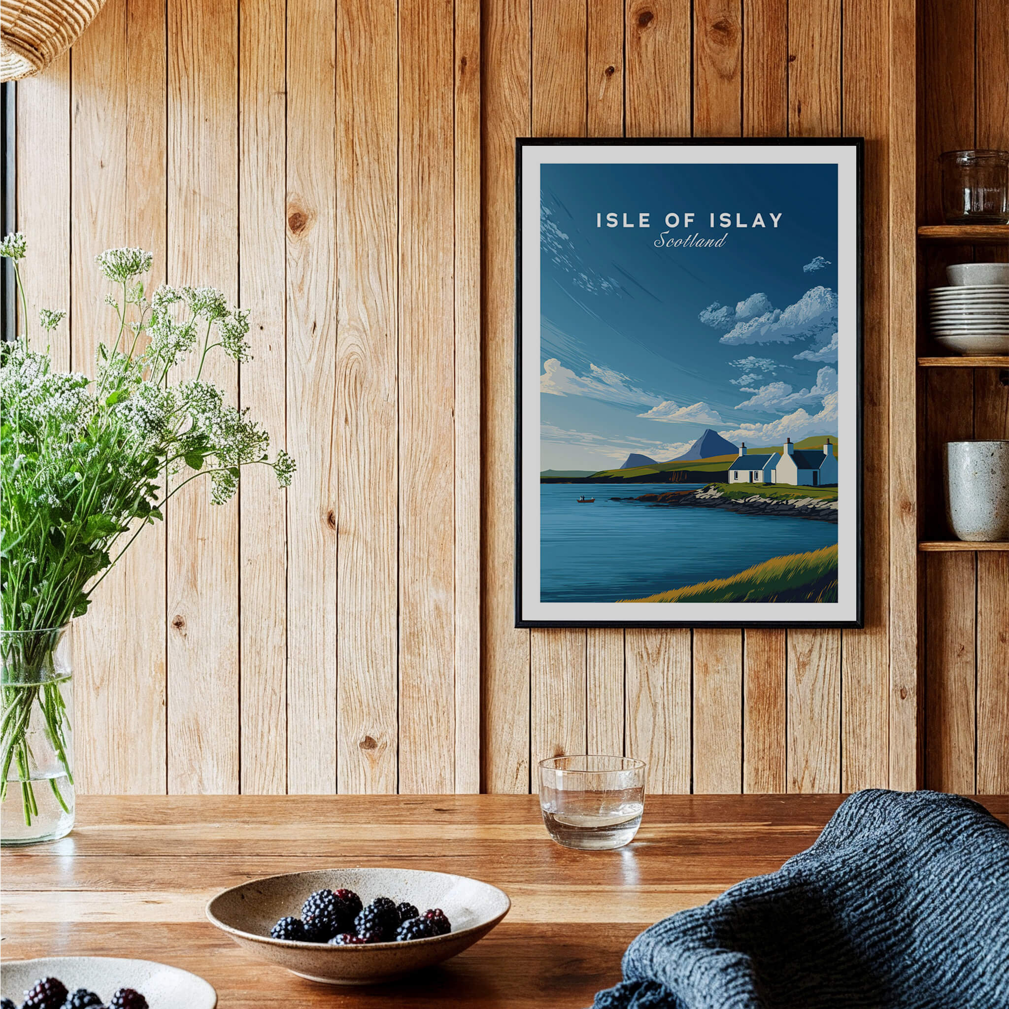 Isle of Islay Scotland Travel Posters | Sunny Coastal Wall Art Print featuring coastal scene with house and mountains.