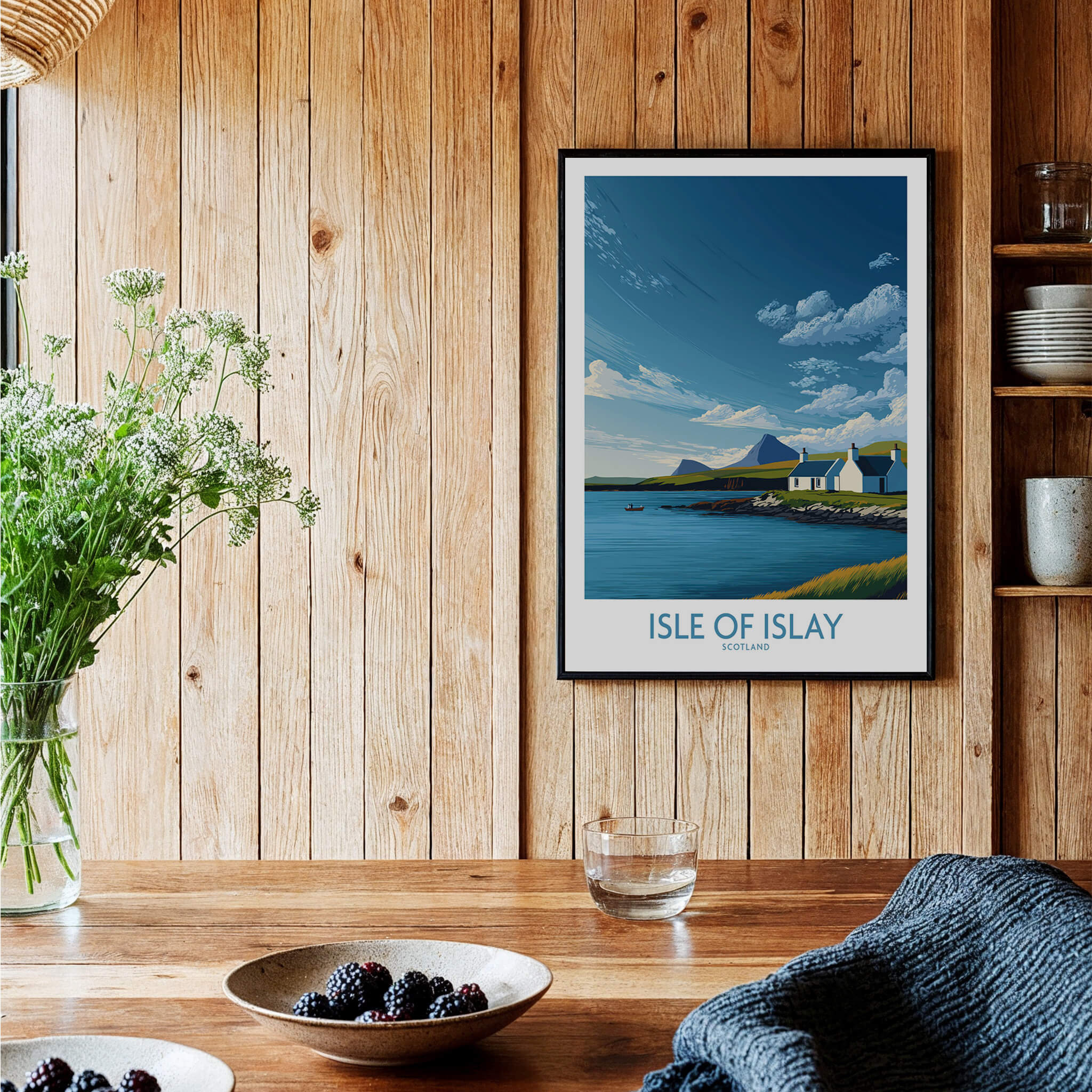 Isle of Islay Scotland Canvas Print | Scottish Hebrides Poster displayed on a wooden wall with decorative elements.