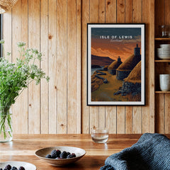 Isle of Lewis Scotland Travel Poster | Blackhouse Village Wall Art Print displayed in a cozy interior setting.