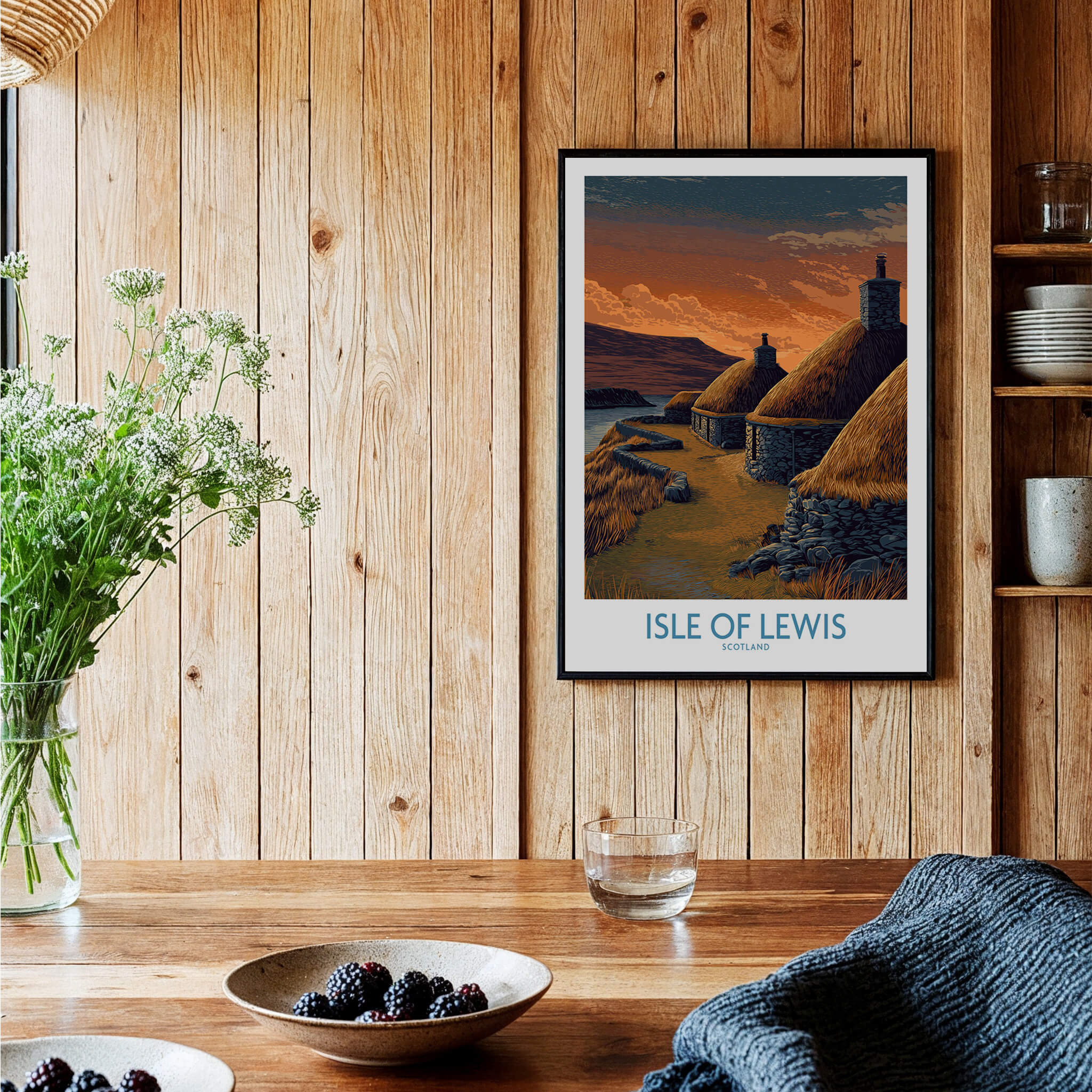 Isle of Lewis Scotland Canvas Print | Outer Hebrides Norse Mill Poster displayed in a cozy wooden interior.