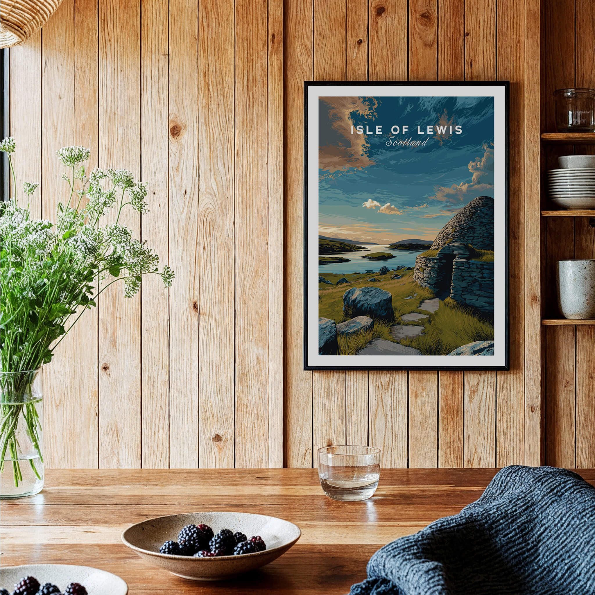 Isle of Lewis Scotland Travel Poster | Gearrannan Blackhouse Wall Art Print displayed in rustic kitchen setting.