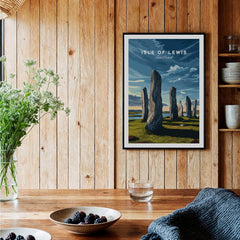 Isle of Lewis Scotland Wall Art Print | Callanish Standing Stones Travel Poster displayed in a cozy interior setting.