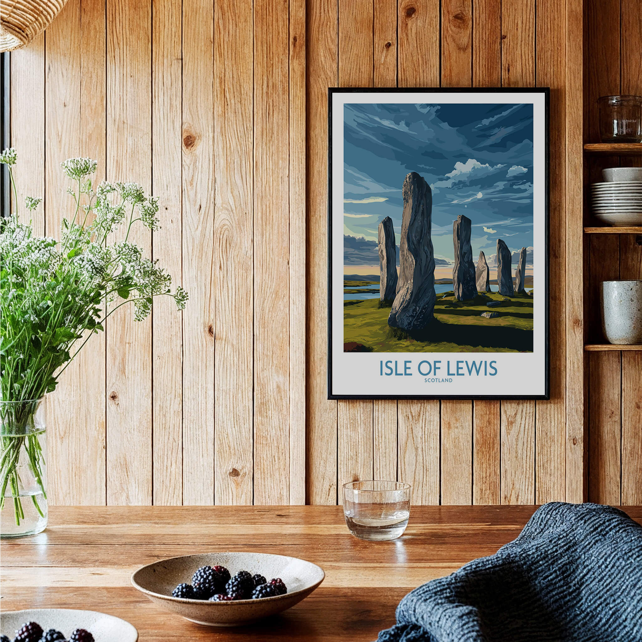 Isle of Lewis Scotland Poster | Ancient Megalithic Site Canvas Print displayed on a wooden wall with decorative elements.