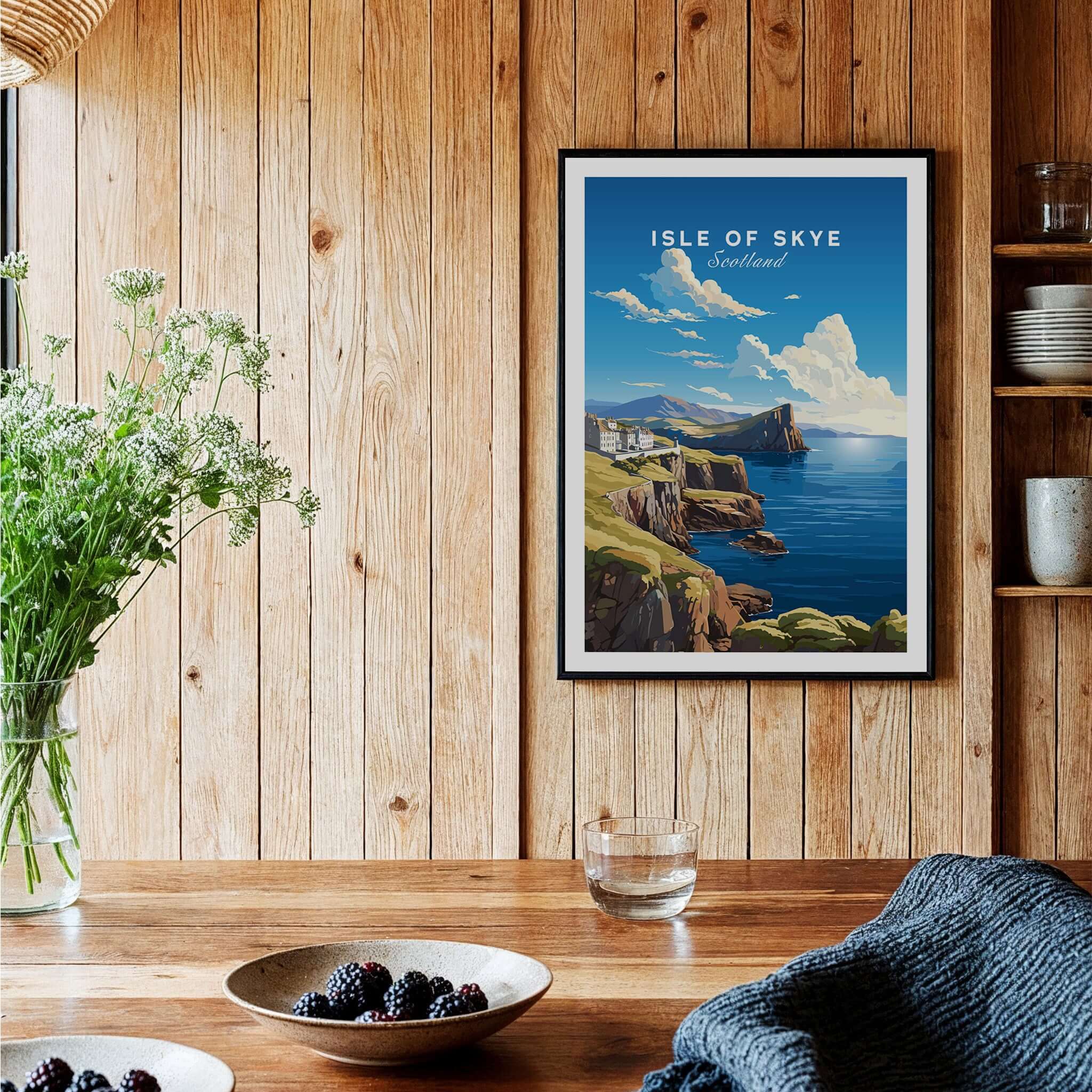 Isle of Skye Poster displayed on wooden wall, showcasing Scotland's stunning landscapes and coastal beauty.