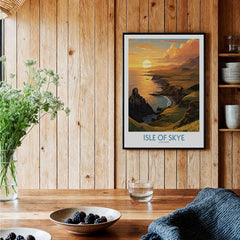 Isle of Skye Wall Art Print showcasing the scenic landscape at sunset in a cozy interior setting.