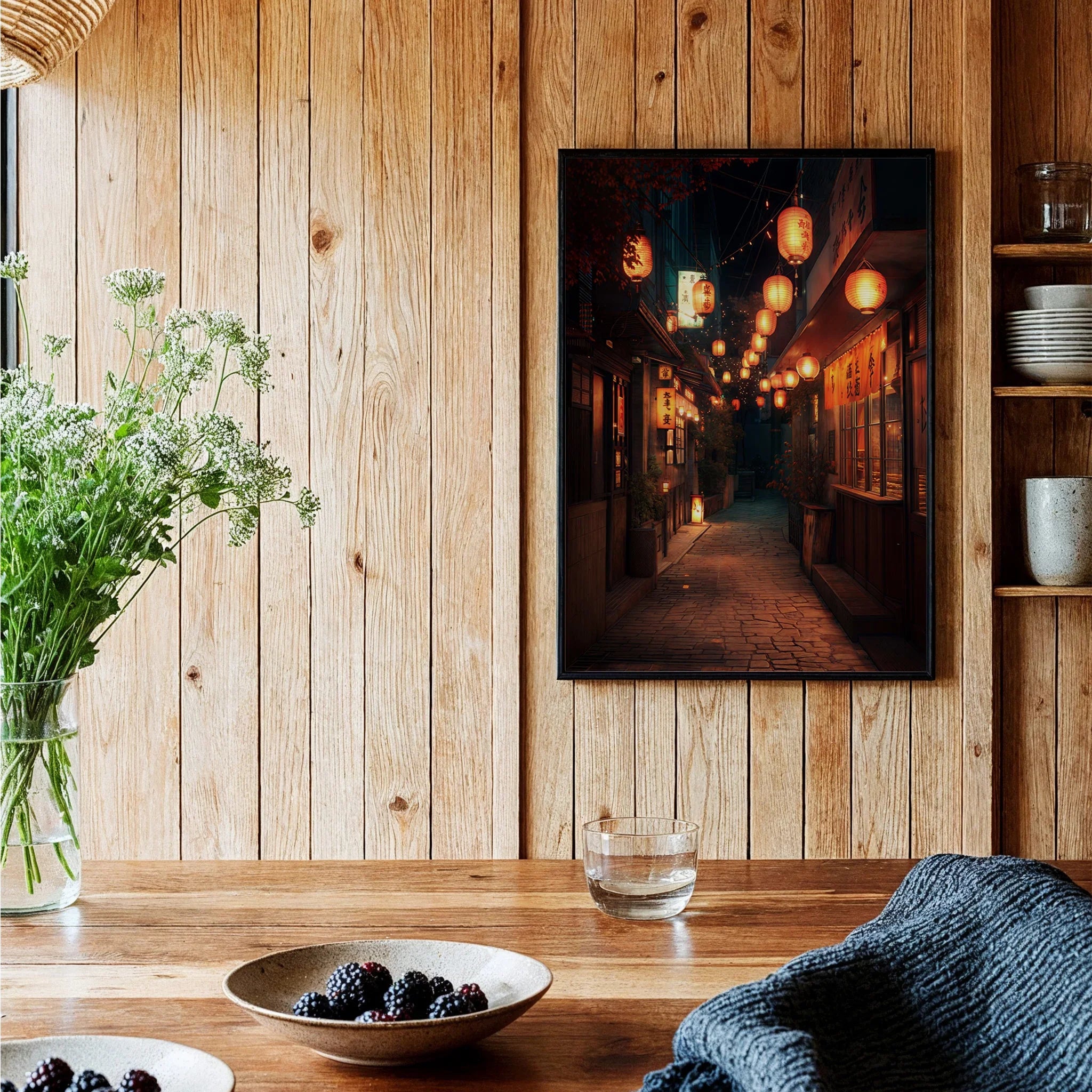 Framed Japan street art print in cozy wood kitchen, lanterns night city wall decor
