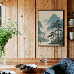 Framed Japanese woodblock landscape art print on wooden kitchen wall with rustic decor