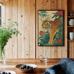 Framed Japanese tiger art print in rustic kitchen with wooden walls and fresh flowers