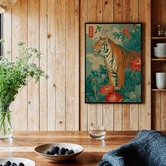 Framed Japanese tiger art print in kitchen with wood panel walls and floral decor