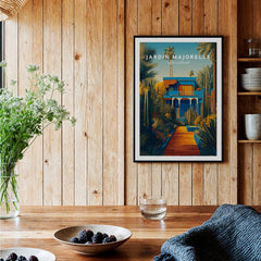Jardim Majorelle Marrakesh Wall Art Print | Moroccan Blue Garden Travel Posters displayed in a wooden interior setting.