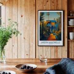 Jardim Majorelle Marrakesh Posters | Vibrant Architecture & Palms Canvas Print on wooden wall with plants and table decor