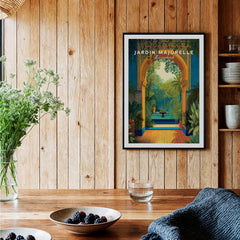 Jardim Majorelle Marrakesh Travel Posters | Moroccan Archway Garden Wall Art Print framed in a rustic wooden setting.