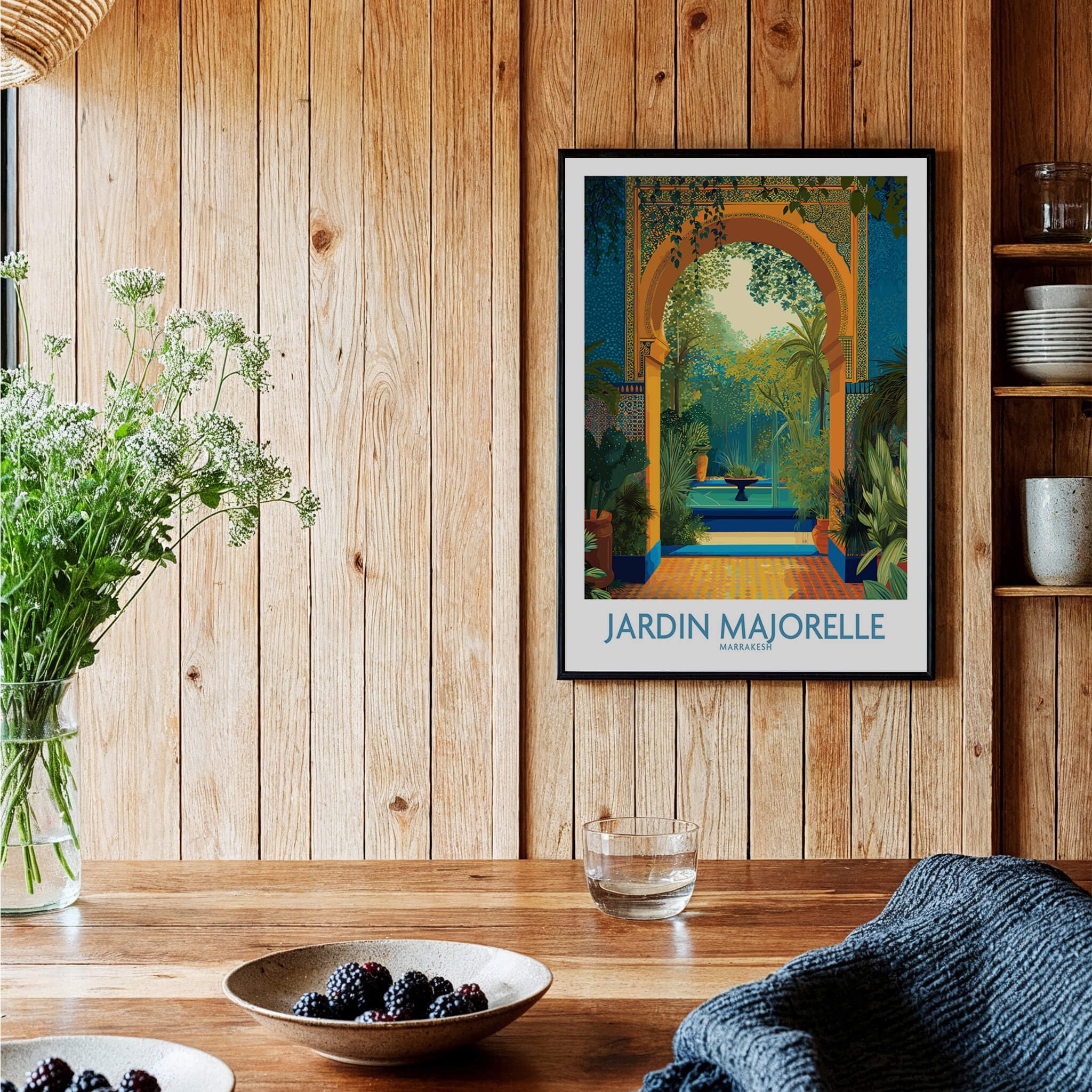 Jardim Majorelle Marrakesh Canvas Print | Tropical Oasis Landscape Poster displayed in a cozy interior setting.