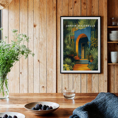 Jardim Majorelle Marrakesh Wall Art Print | Botanical Moroccan Villa Travel Poster displayed in a cozy interior setting.