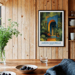 Jardim Majorelle Marrakesh Posters | Canvas Print displayed in a cozy interior setting with plants and wooden shelves.