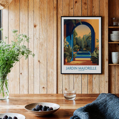 Jardim Majorelle Marrakesh Canvas Print | Exotic Plant & Architecture Posters displayed in a cozy wooden setting.
