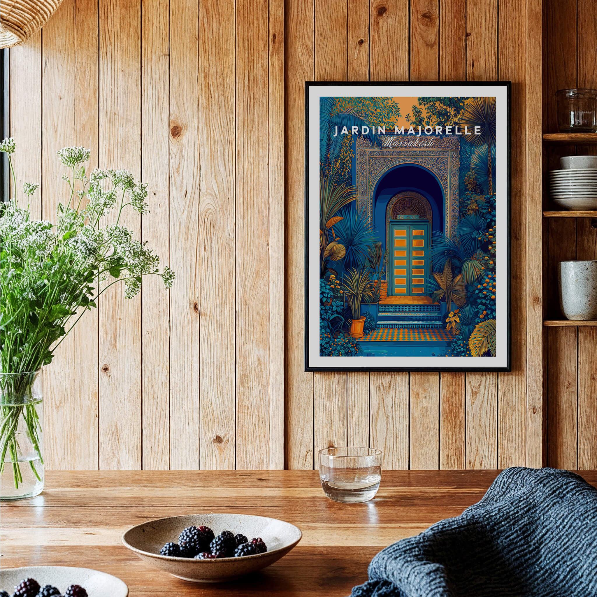 Jardim Majorelle Marrakesh Wall Art Print | Ornate Moroccan Doorway Travel Posters displayed on wooden wall in a cozy setting.
