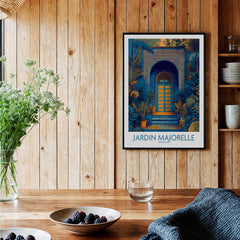 Jardim Majorelle Marrakesh Posters | Detailed Blue Architecture Canvas Print displayed in a cozy wooden interior.
