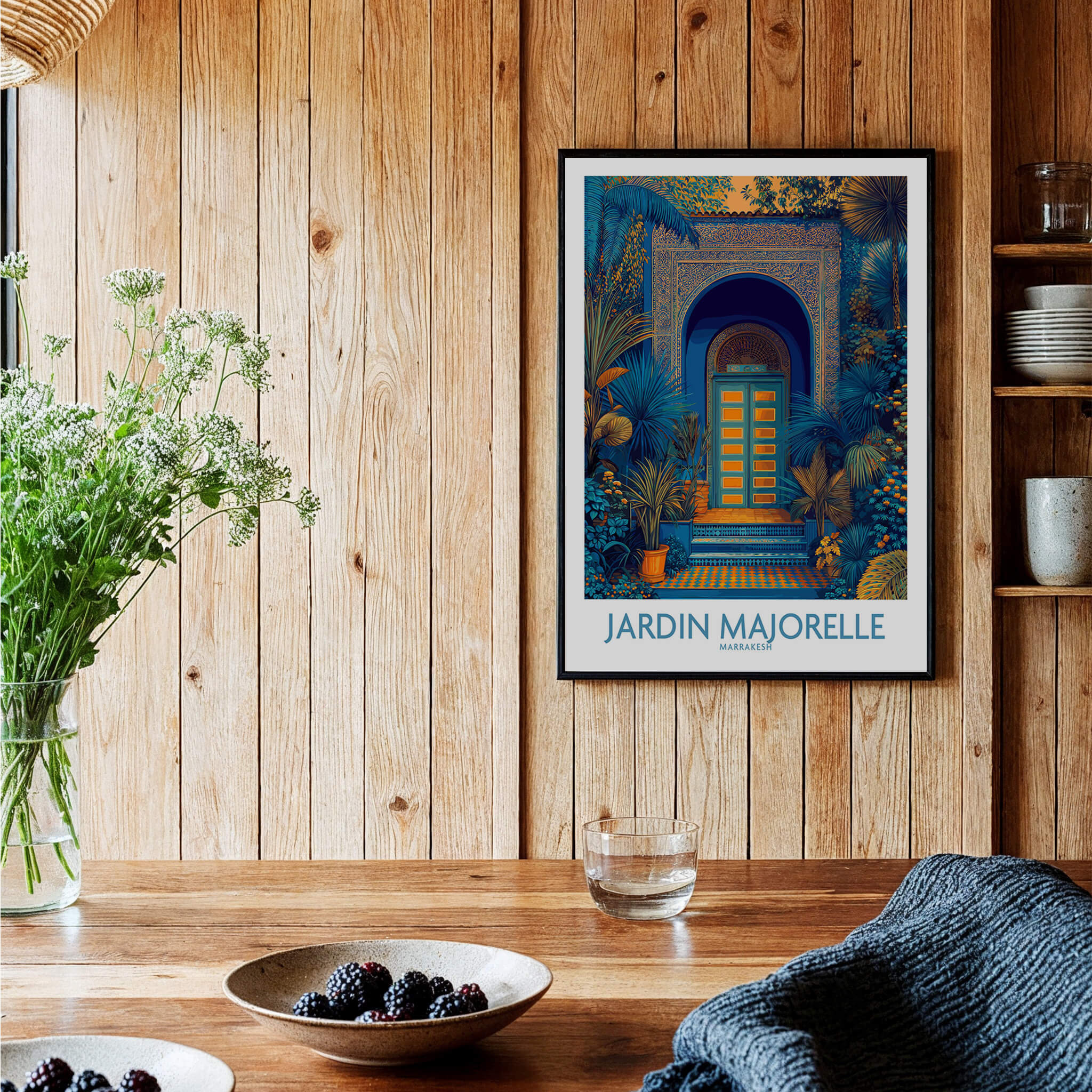 Jardim Majorelle Marrakesh Posters | Detailed Blue Architecture Canvas Print displayed in a cozy wooden interior.
