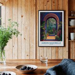 Jardim Majorelle Marrakesh Canvas Print | Colorful Moroccan Landscape Poster displayed in a cozy wooden interior.