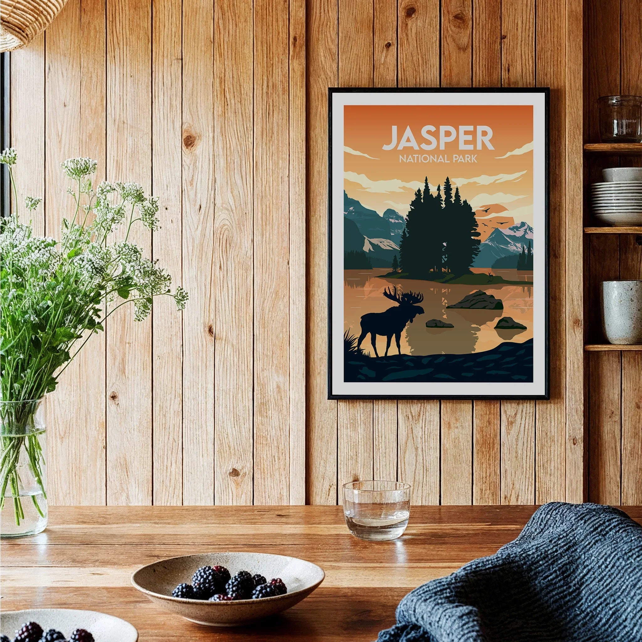 Jasper National Park art print with moose, lake, and mountains in cozy kitchen setting