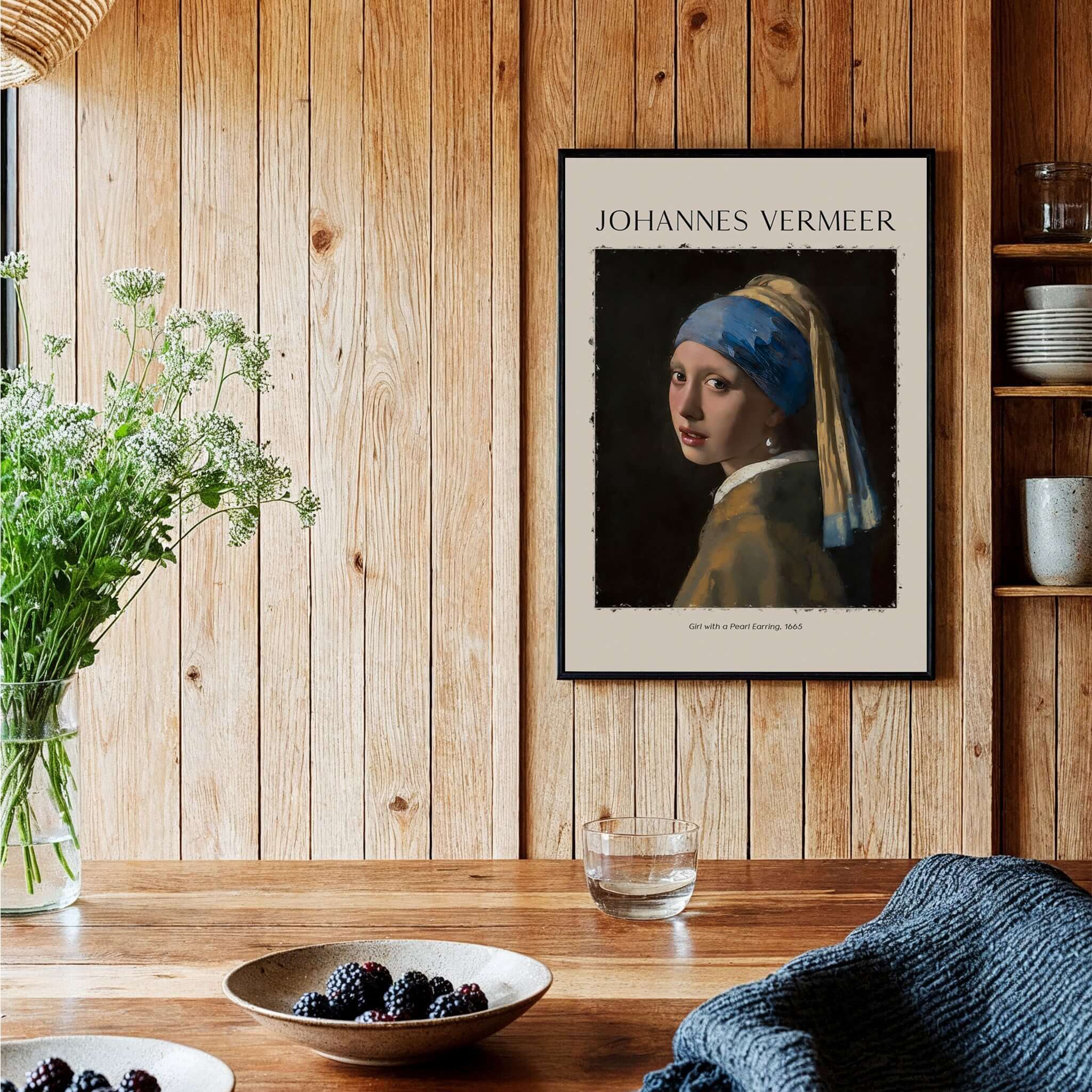 Johannes Vermeer Girl with a Pearl Earring 1665 Iconic Dutch Portrait Art Print displayed in a rustic interior setting.