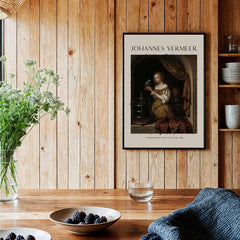 Johannes Vermeer A Woman Feeding Parrot - Dutch Golden Age Art Print Poster displayed in a rustic kitchen setting.