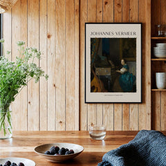 Johannes Vermeer Lady Seated at a Virginal 1670 Dutch Golden Age Art Print displayed on wooden wall with decor.