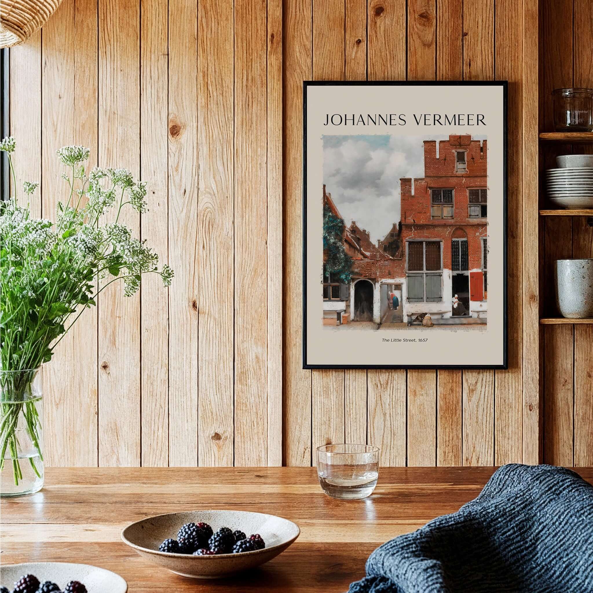 Johannes Vermeer The Little Street 1657 Delft Scene Dutch Golden Age Art Print displayed in a rustic wooden interior.