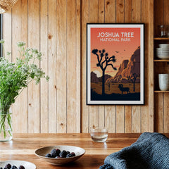 Joshua Tree National Park art print in black frame hanging in cozy wooden kitchen setting