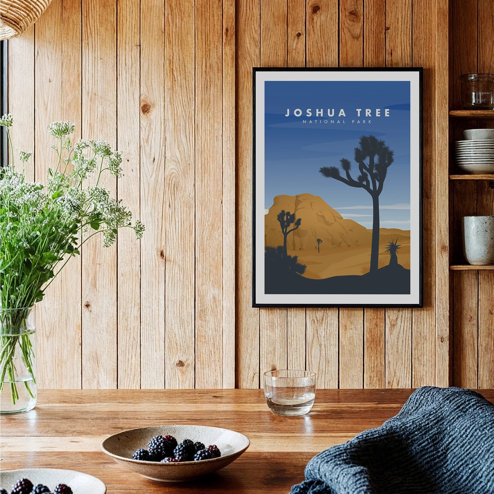 Joshua Tree National Park art print in black frame on wooden kitchen wall, modern decor