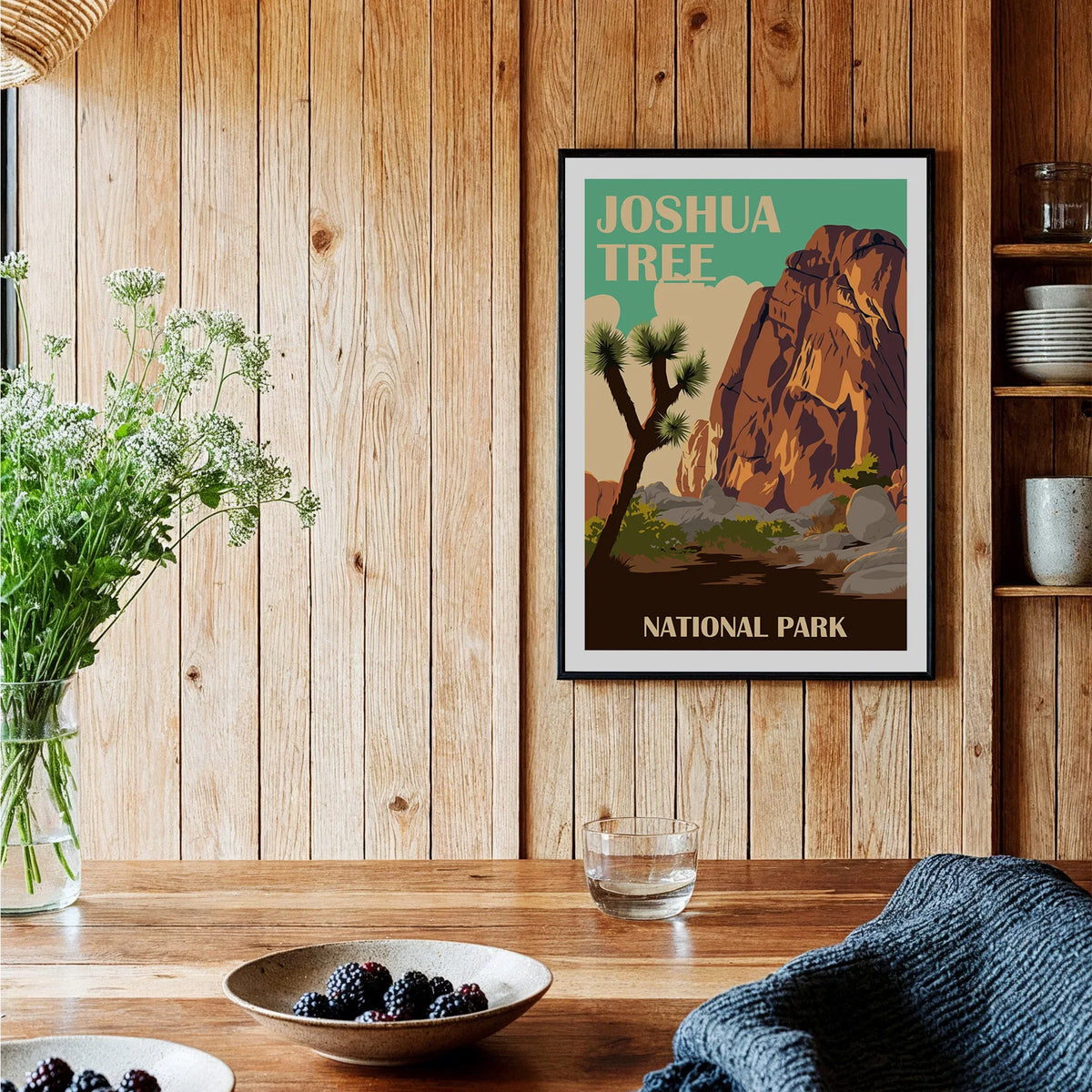 Joshua Tree National Park art print with desert landscape in a modern kitchen setting