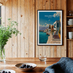Kalamata Greece Wall Art Print | Mediterranean Seaside Town Travel Poster displayed in a cozy kitchen setting.