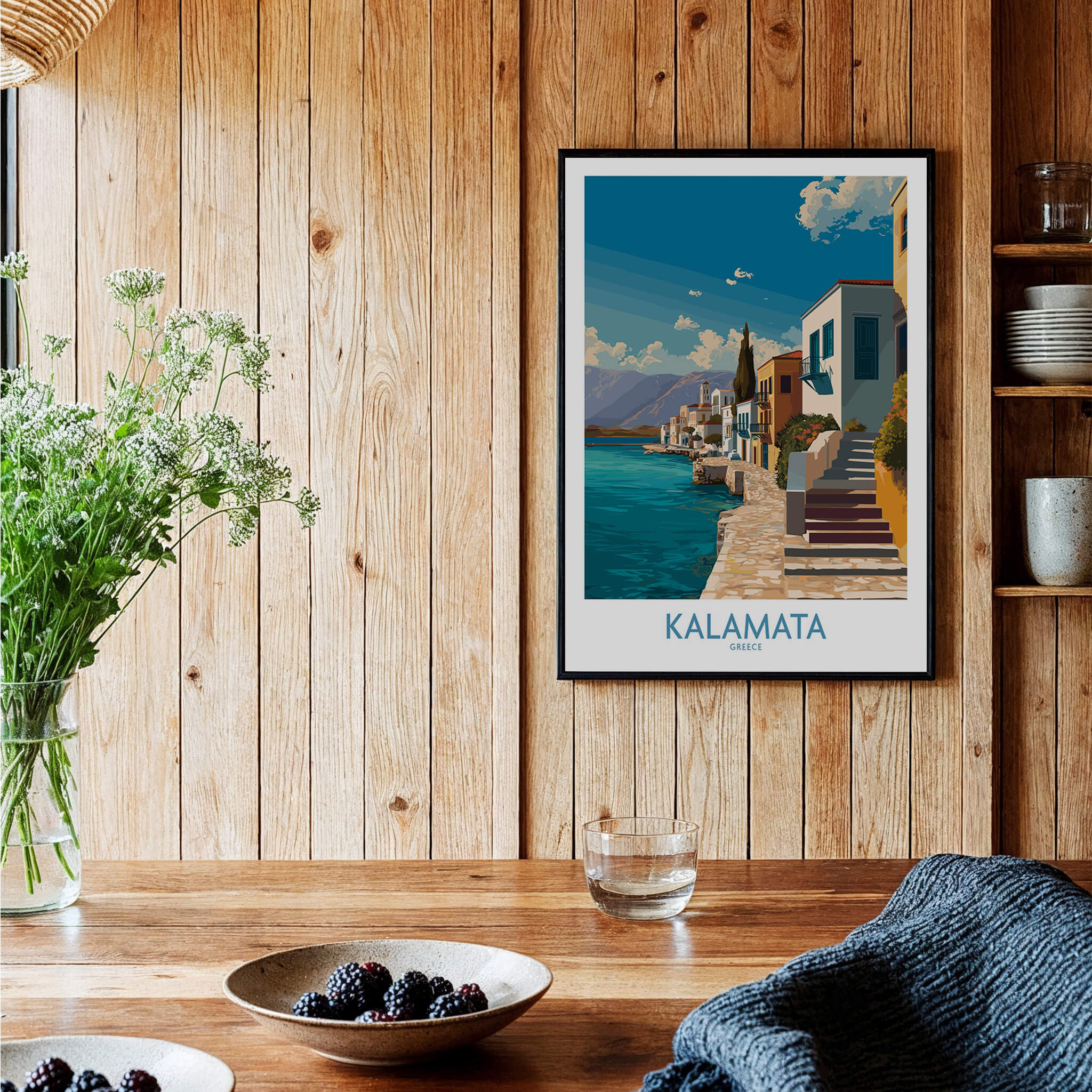 Kalamata Greece Poster | Greek Coastal Canvas Print displayed in a stylish interior with wooden accents.