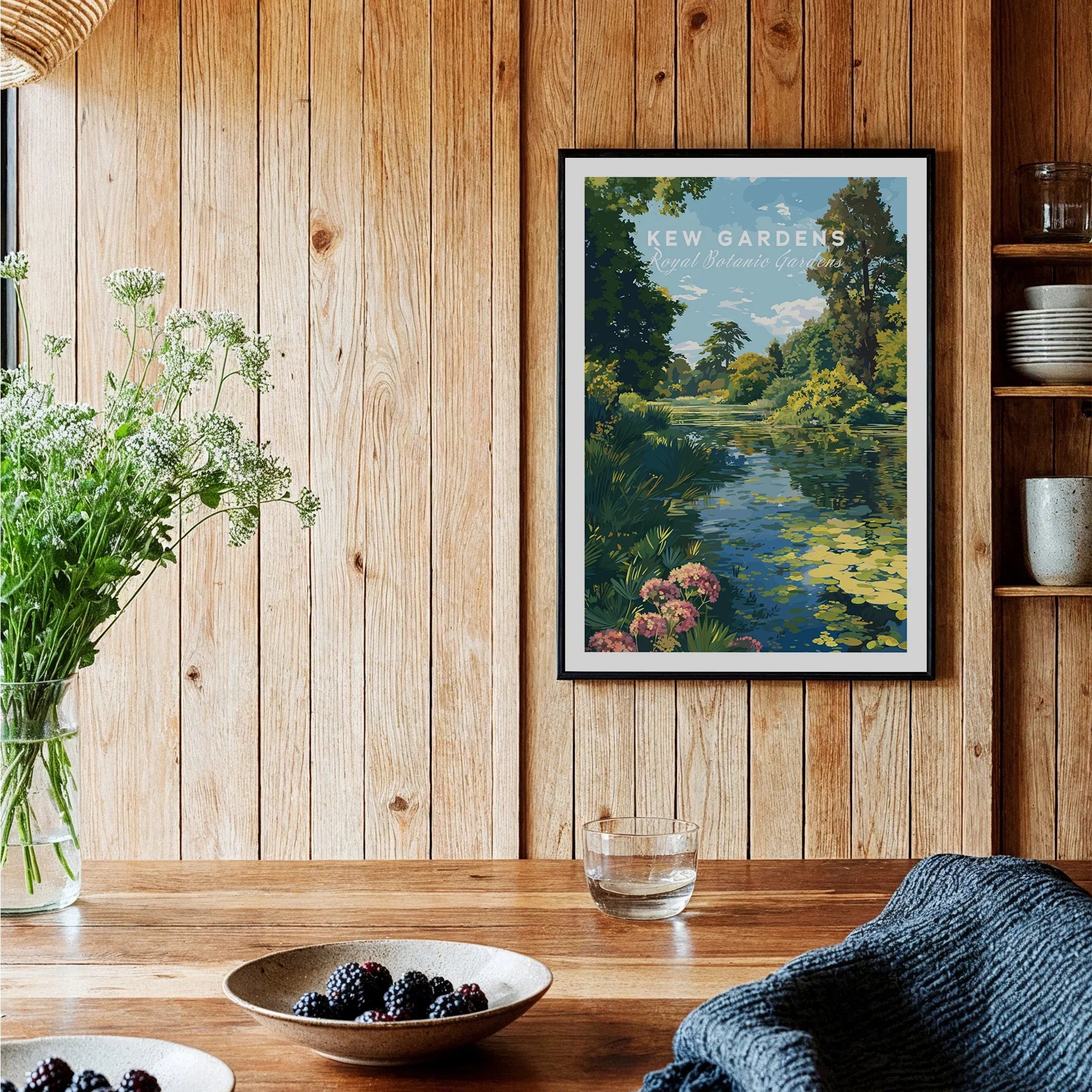 Framed Kew Gardens travel poster art print on wooden kitchen wall with rustic decor