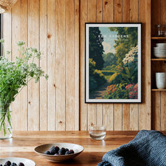 Framed Kew Gardens botanical art print on wood-paneled kitchen wall with natural decor