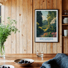 Kew Gardens art print in black frame on wood wall in cozy kitchen setting