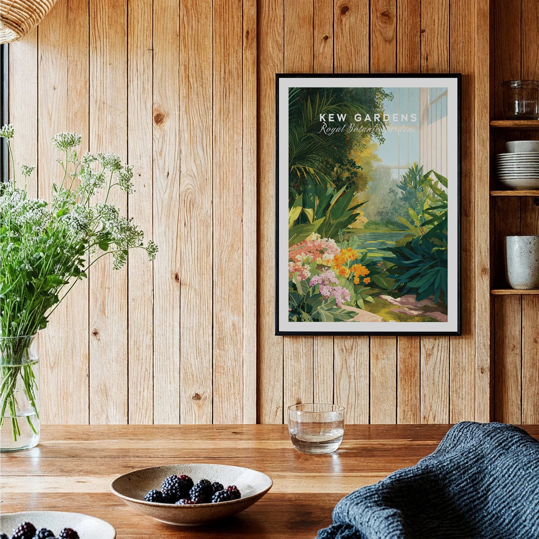 Kew Gardens botanical art print in black frame on wooden kitchen wall, modern home decor