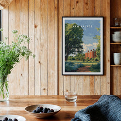 Framed Kew Palace London travel poster art print on wooden kitchen wall decor setting