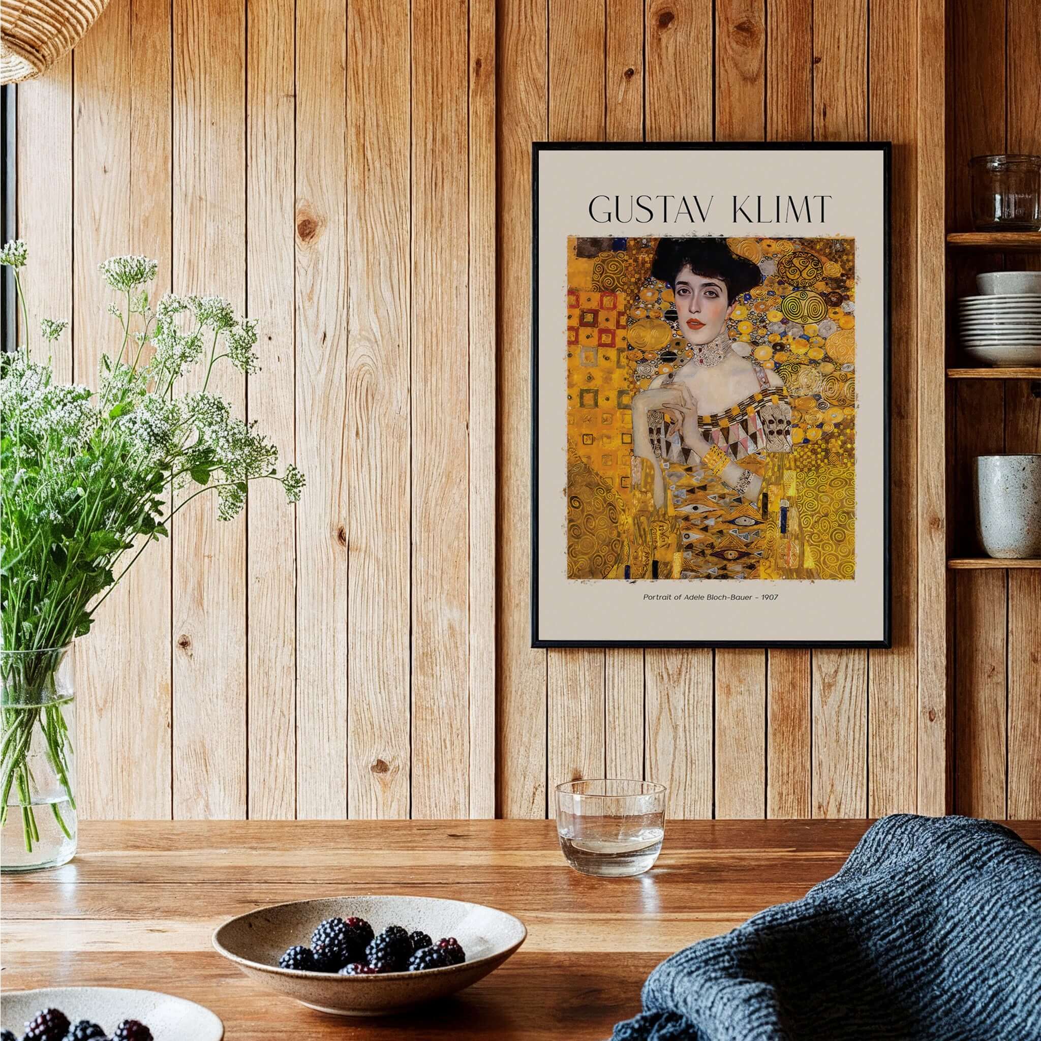 Gustav Klimt Art Print - Portrait of Adele Bloch-Bauer I Poster 1907 displayed in a cozy wooden interior.