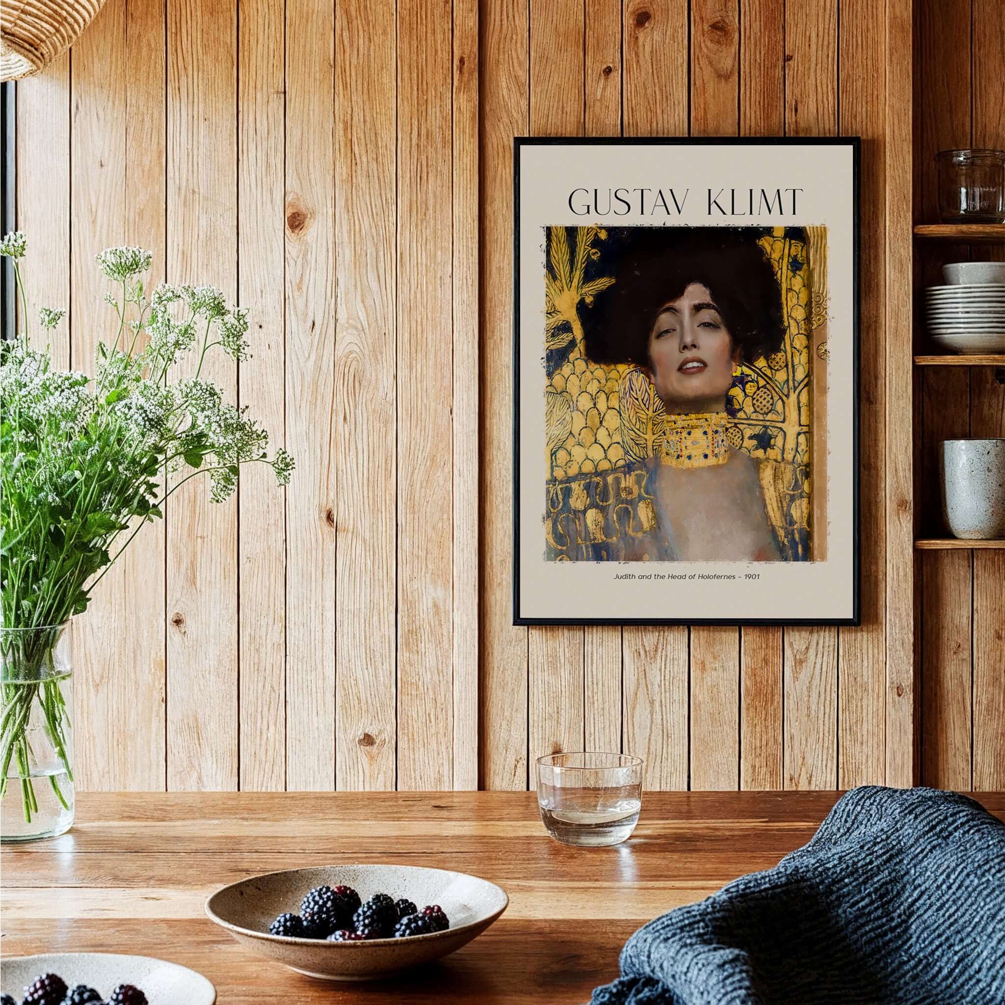 Gustav Klimt Art Print - Judith and Holofernes Art Print 1901 - Golden Phase Wall Decor Poster displayed in a cozy interior.