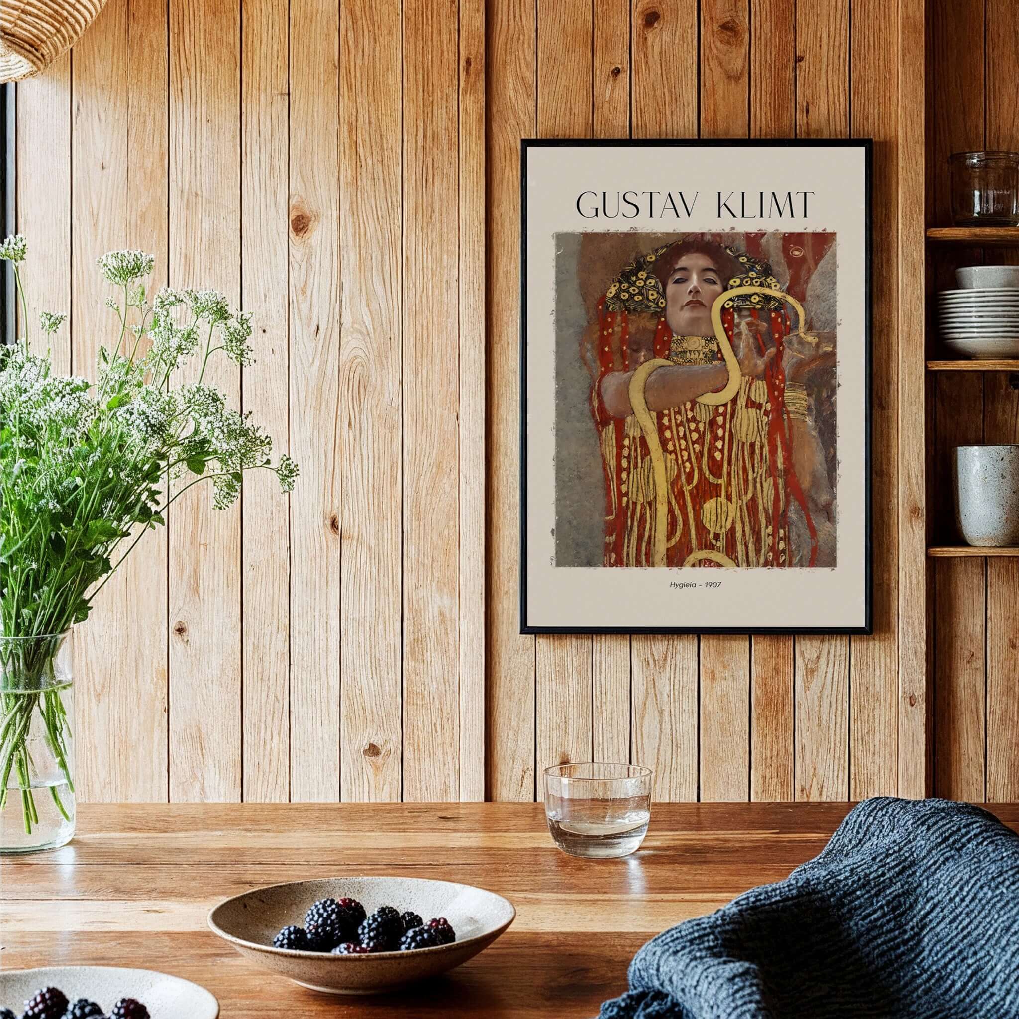 Gustav Klimt Art Print - Hygieia 1907 - Golden Phase Wall Art displayed in a wooden interior.
