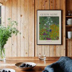 Gustav Klimt Art Print - Flower Garden Poster 1907 displayed in a rustic interior with wooden walls and decor.