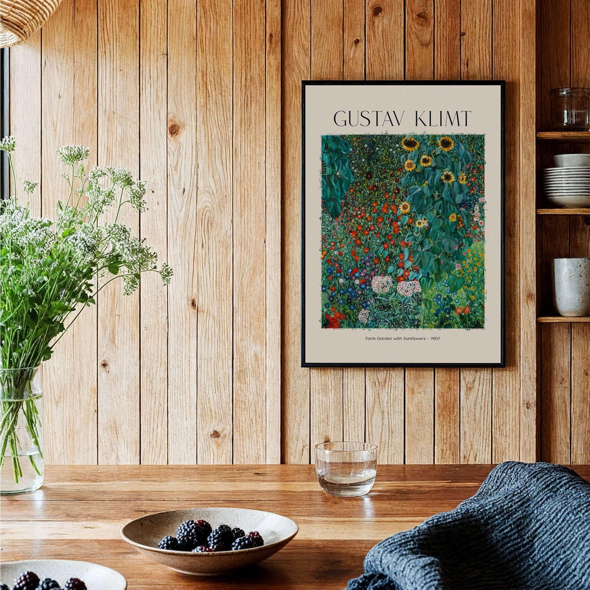 Gustav Klimt Art Print - Farm Garden with Sunflowers 1907 - Art Nouveau Landscape Poster Wall Decor in a wooden setting.