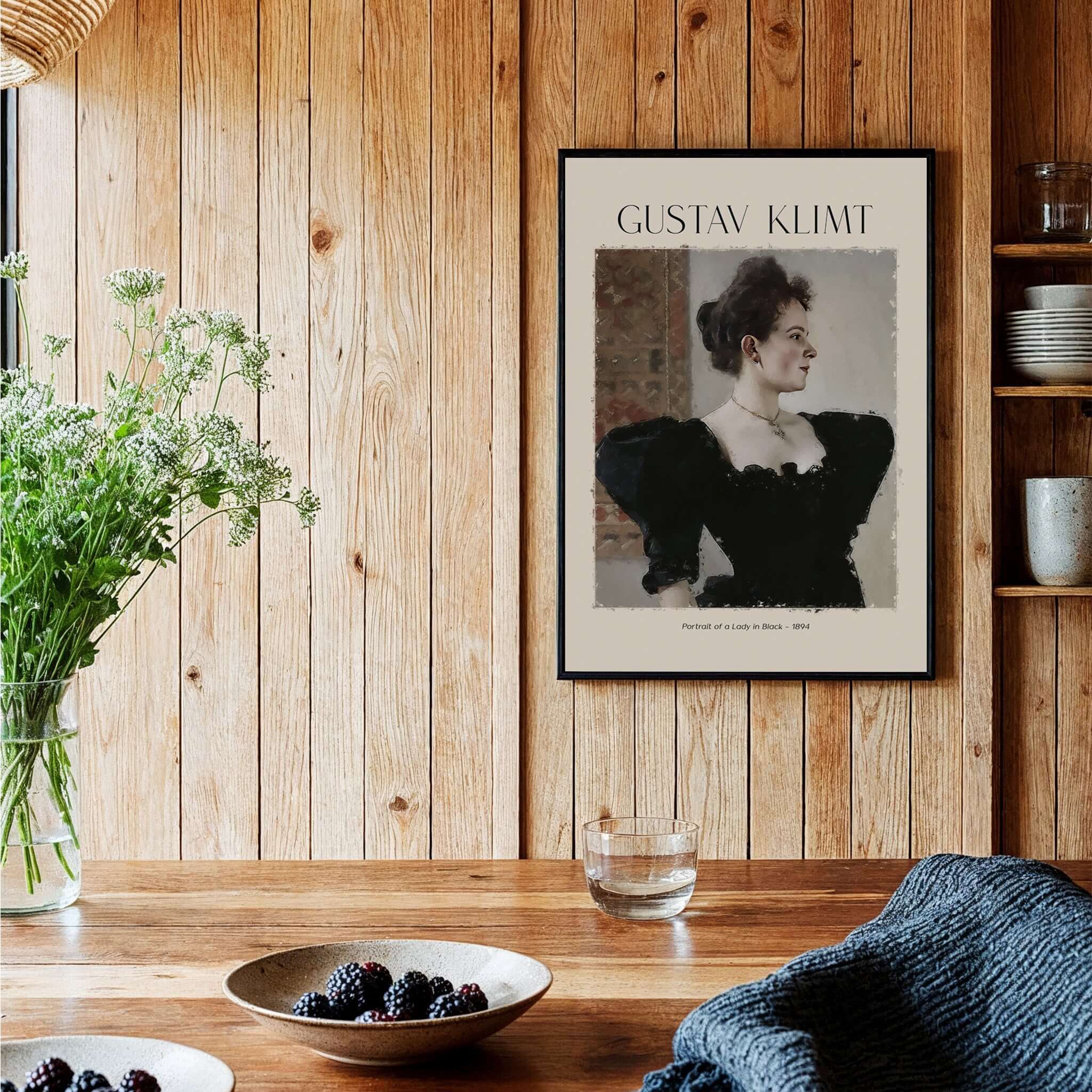 Gustav Klimt Art Print - Portrait of a Lady in Black 1894 displayed in a stylish interior setting with wooden decor.