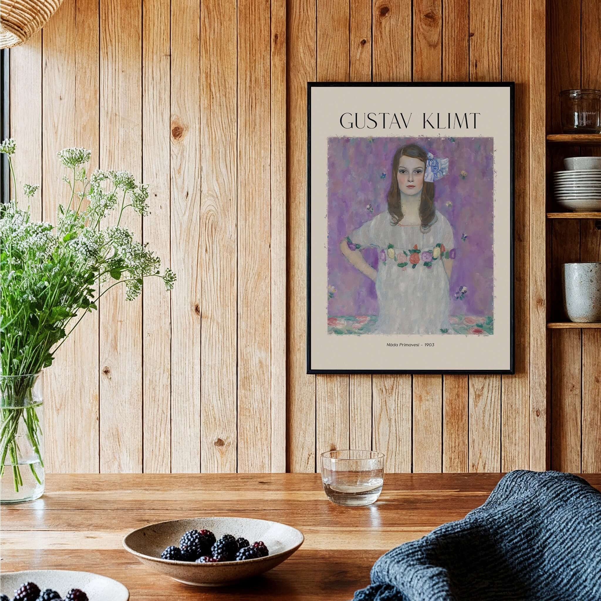 Gustav Klimt Mäda Primavesi Portrait Poster 1903 - Vienna Secession Art Print Wall Decor displayed in a rustic interior.