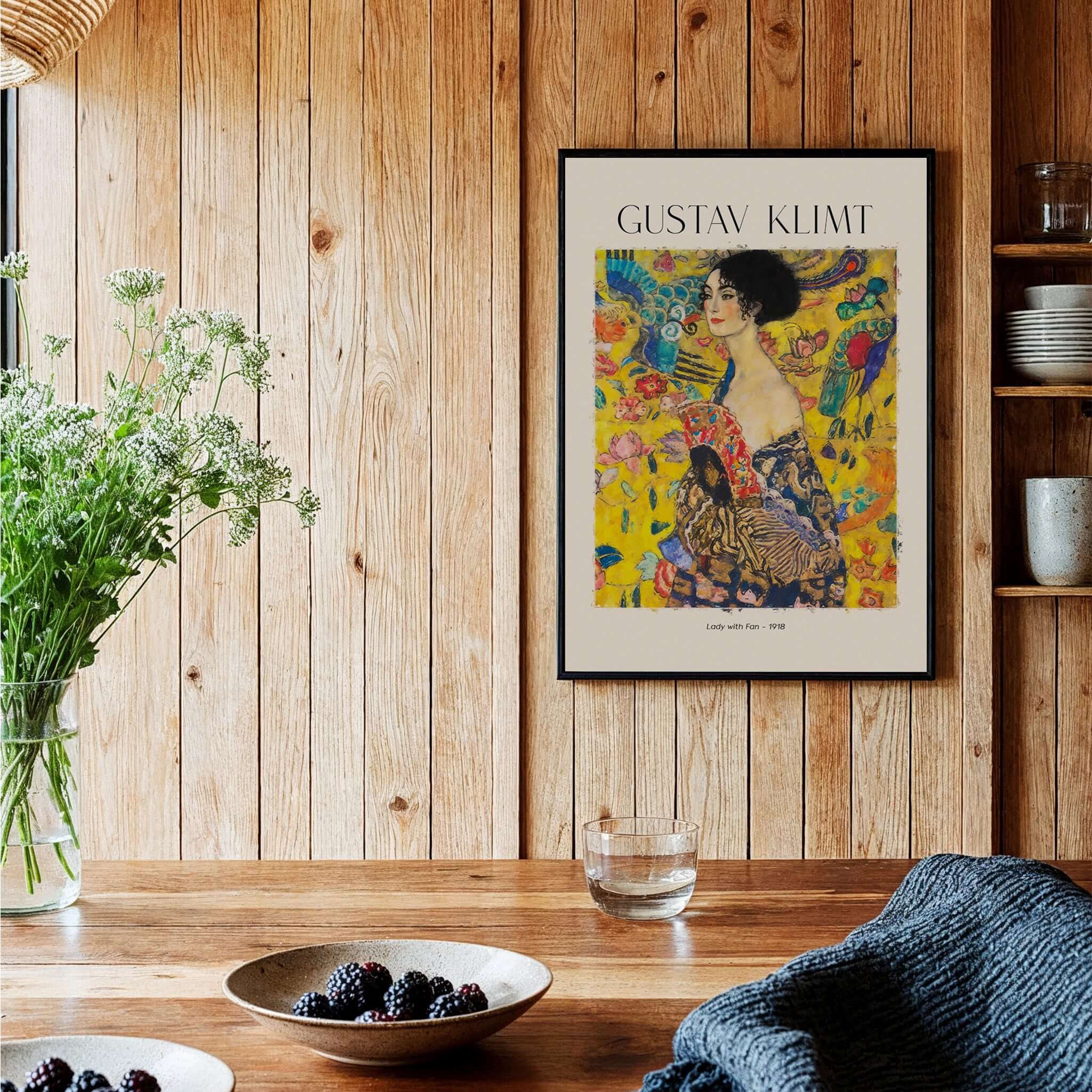 Gustav Klimt Lady with Fan Art Print 1918 - Art Nouveau Poster displayed on wooden wall in cozy interior.