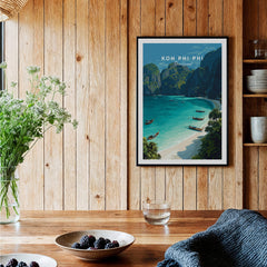 Koh Phi Phi Thailand Travel Poster | Maya Bay Tropical Beach Wall Art Print showcasing beautiful scenery and vibrant colors.
