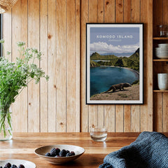Komodo Island art print with Komodo dragon and scenic water view in rustic kitchen decor