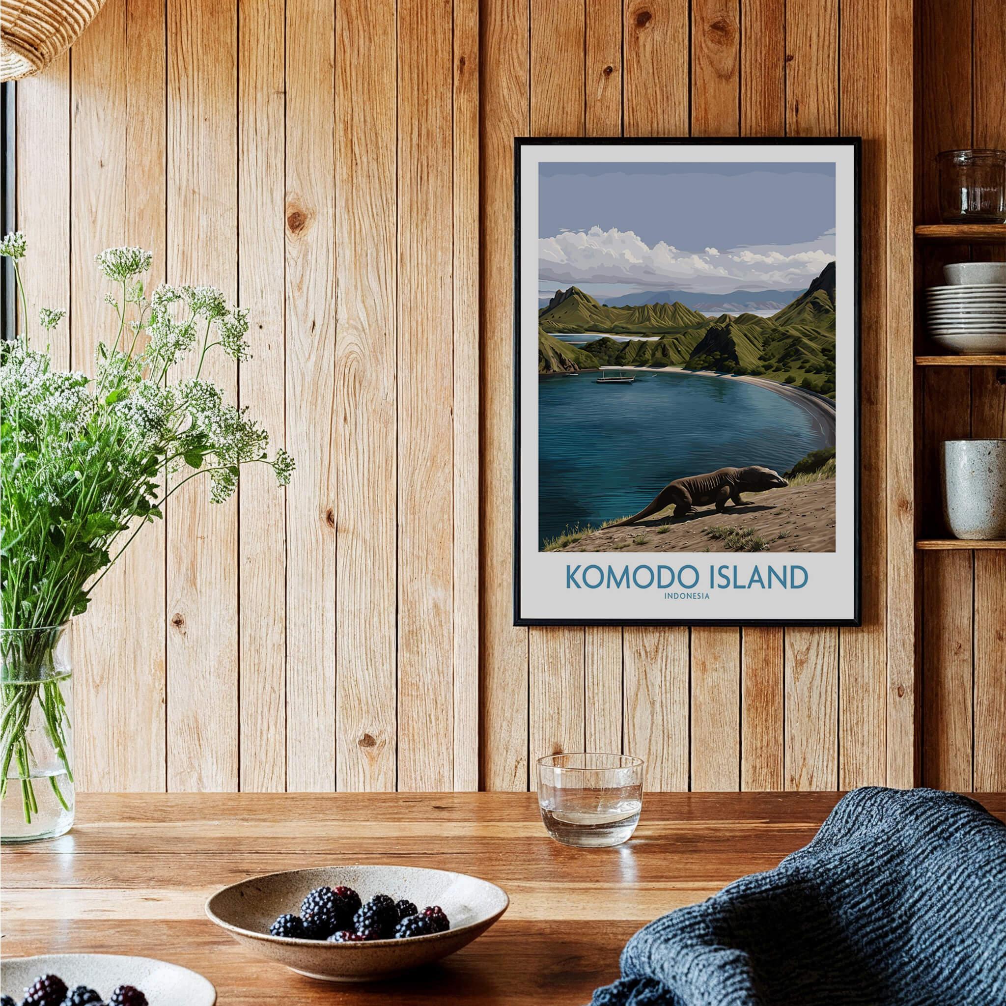 Komodo Island travel poster wall art in black frame displayed in rustic kitchen setting